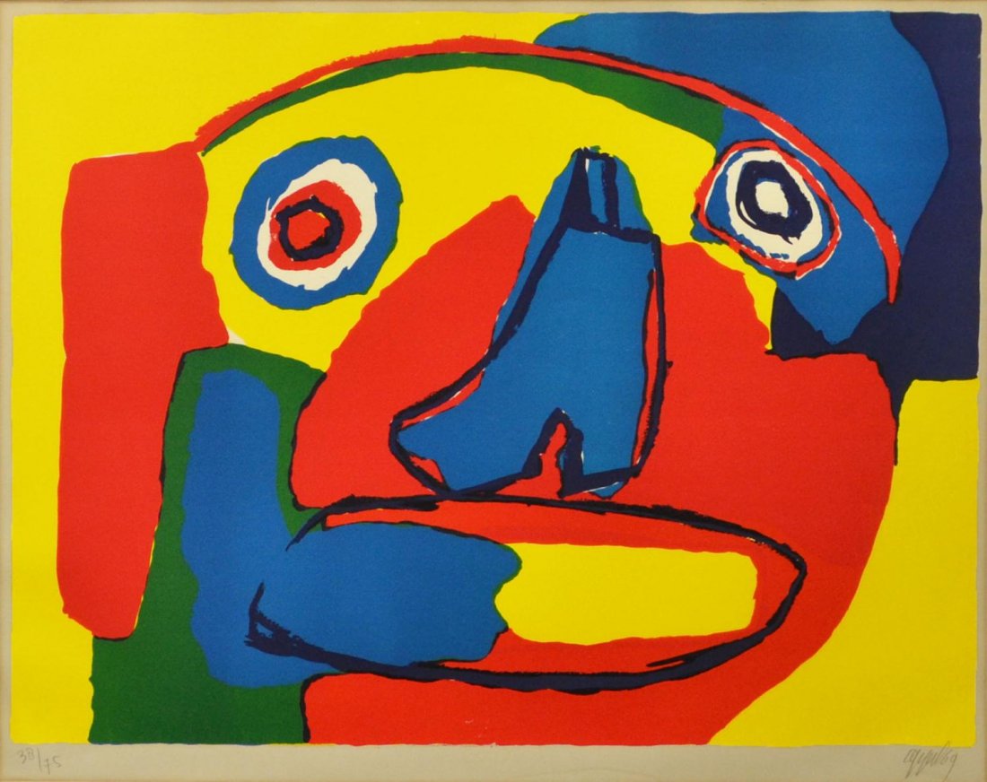 COLOR LITHOGRAPH, DOG ABSTRACT, KAREL APPEL, 1969: Framed limited colored lithograph on paper, Dog Abstract, pencil signed and dated lower right Appel 69 (Christiaan Karel Appel, Dutch, 1921-2006), numbered 38/75, sight: 21.25"h, 25.75"w, overall 30"h
