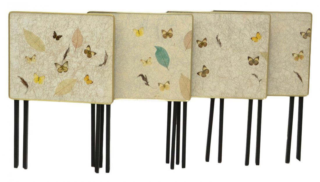 (4) MID-CENTURY MODERN BUTTERFLY FOLDING TRAYS: (set of 4) Mid-century modern folding side tables, Biltmore Designs Inc., Miami, FL, polychrome tops decorated with butterflies amid foliates and silver accents, rising on wood folding 'X' form base,
