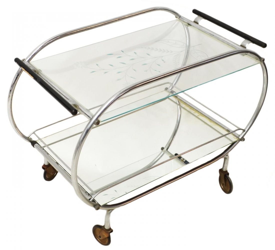 1950'S ITALIAN CHROMED METAL & FLORAL GLASS CART: Italian mid-century chromed service trolley, c. 1950’s, the rolling cart with upper tier having floral etched glass shelf, the base with mirrored shelf, wood handles to either side, loss to silver, 