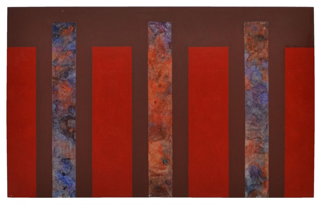 MODERN PAINTING, RED, MAUVE & SILVER, VERA SIMONS: Unframed mixed media painting on canvas, modern vibrant design, by Vera Simons (Vera Habrecht Simons, German/ American, 1920-2012), unsigned, some spotting verso, some paint loss at corner near back, 