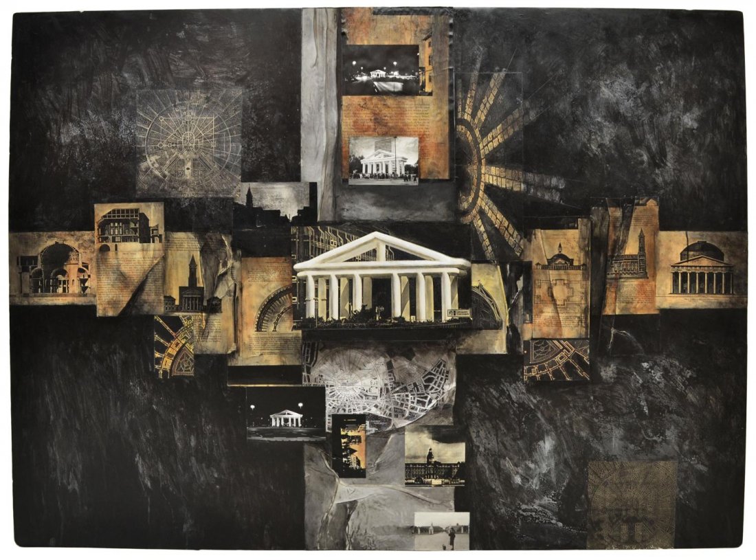 MODERN MIXED MEDIA COLLAGE, PANTHEON,VERA SIMONS: Unframed mixed media collage on artist board, from the Pantheon Series, signed Vera Habrecht Simons, (German/ American, 1920-2012), dated 1990 verso, 48"h, 65.75"w, 7.25lbs **Provenance: Vera Habrecht