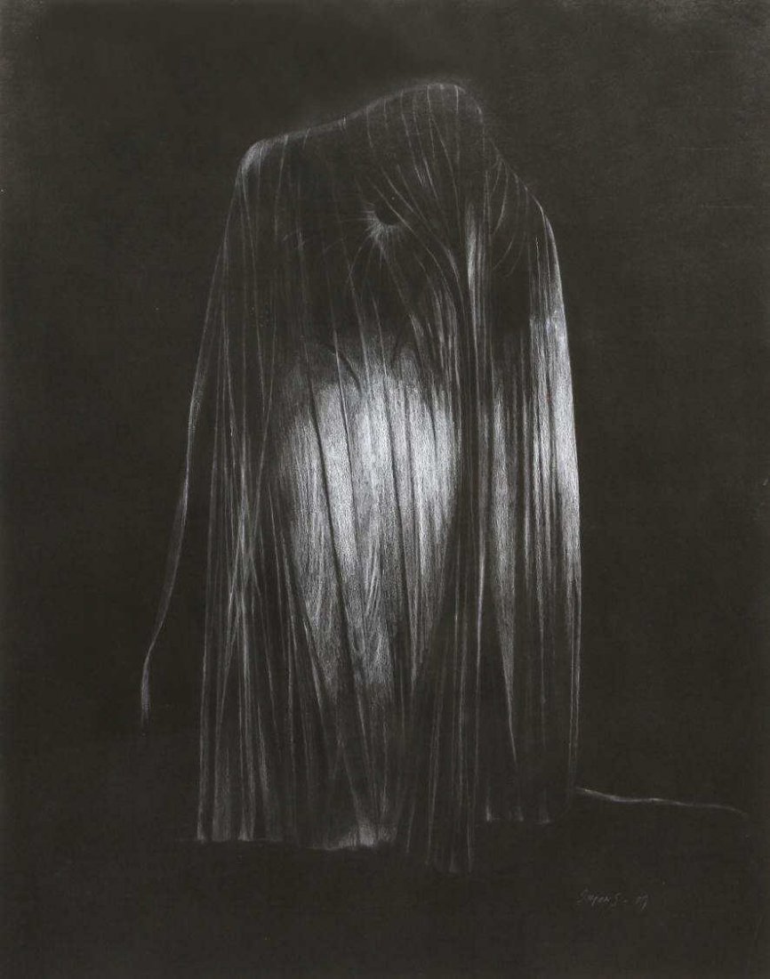 DRAWING ON BLACK PAPER, UNTITLED, VERA SIMONS: Framed pencil drawing on black paper, "Untitled", signed lower right Simons 79 (Vera Habrecht Simons, German/ American, 1920-2012), titled verso, retaining exhibition tag, Alex Rosenberg Gallery, NY, 