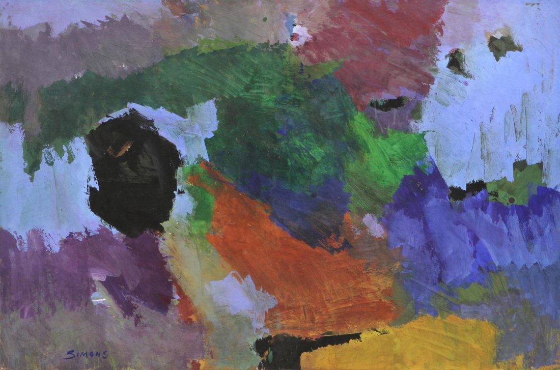 PAINTING ON BOARD,POLYCHROME ABSTRACT, VERA SIMONS: Framed painting on board, Polychrome Abstract, signed lower left Simons (Vera Habrecht Simons, German/ American, 1920-2012), signed verso, sight: 20"h, 30"w, overall: 30.5"h, 38.5"w, 14.5lbs **Provena