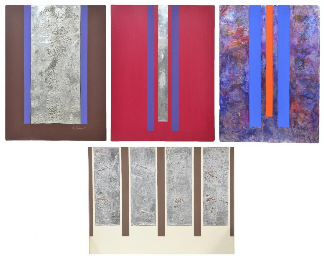 (4) MODERN MIXED MEDIA PAINTINGS, VERA SIMONS: (lot of 4) Unframed mixed media paintings on board, polychrome vertical abstracts, by Vera Simons (Vera Habrecht Simons, German/ American, 1920-2012), two signed and dated 78, the remaining unsigned, 