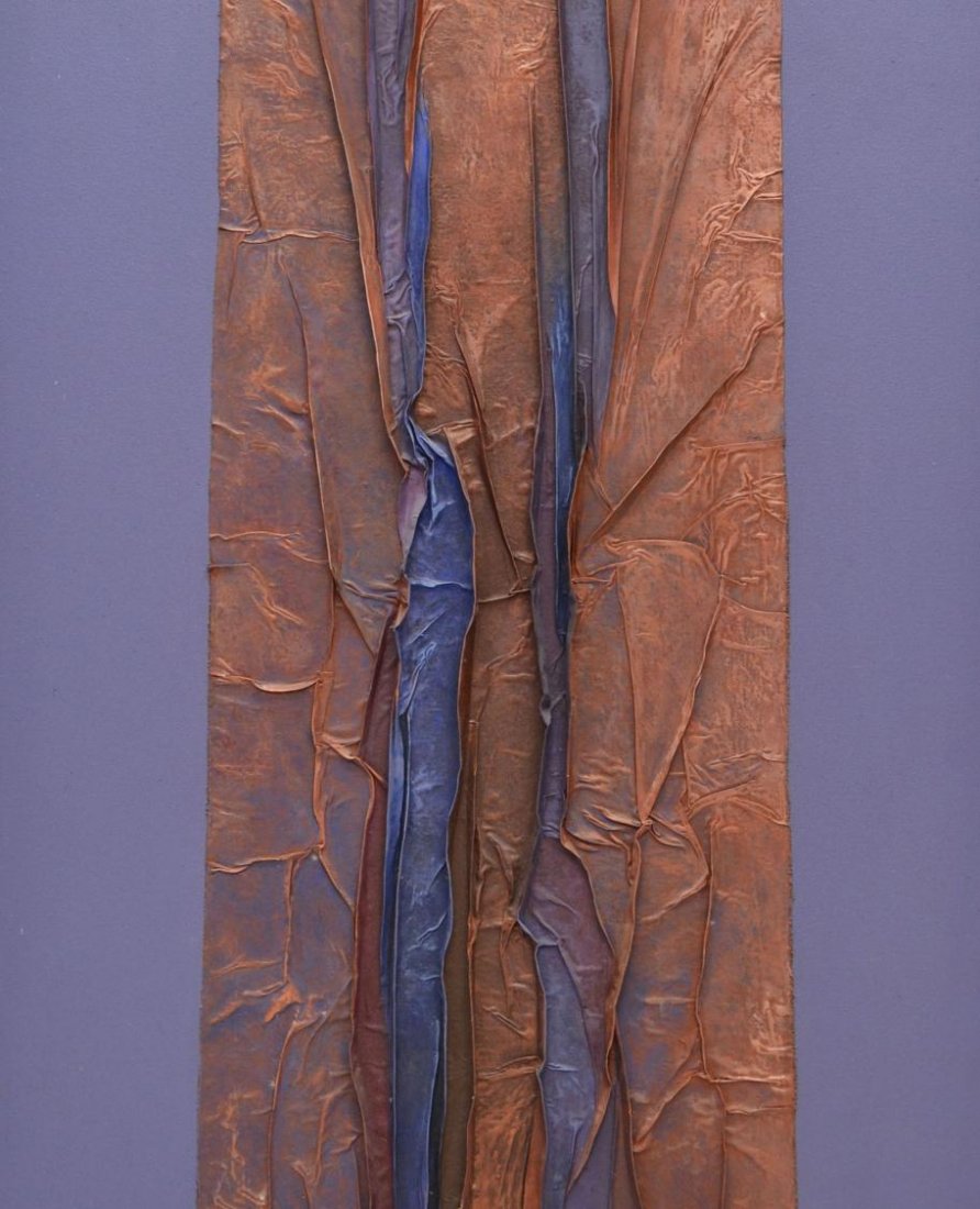 PAINTING, ORGAN RANGE, TRAJECTORY V, VERA SIMONS: Unframed mixed media painting on canvas, "Organ Range", from the Trajectory V Series portraying New Mexico rivers from above, by Vera Simons, (Vera Habrecht Simons, German/ American, 1920-2012), signe