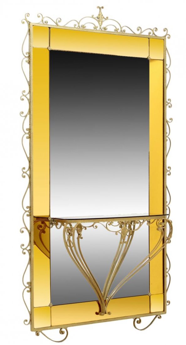 ITALIAN MID-CENTURY MODERN CONSOLE TABLE & MIRROR: (set of 2) Italian mid-century modern iron console table and mirror, c. 1960’s, a large full length wall mirror having colored glass border enclosed by the gilded and scrolled iron frame, wall mount