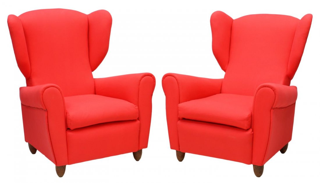 (PAIR) ITALIAN MID-CENTURY MODERN RECLINING CHAIRS: (pair) Italian mid-century modern reclining wingback chairs, c. 1955, recently upholstered in red fabric, 39.5"h, 32.5"w, 30"d Start Price: $500.00