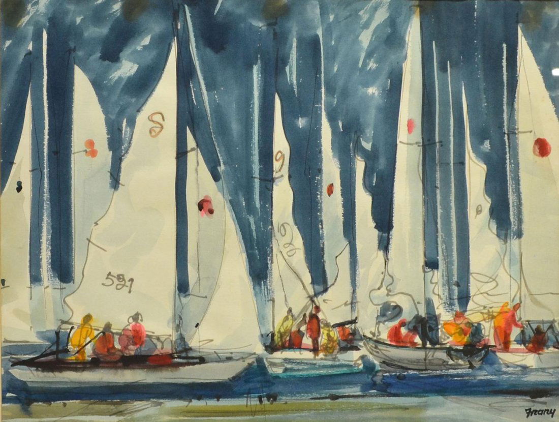 WATERCOLOR, YACHT RACES AT SEA, MICHAEL FRARY: Framed watercolor painting on paper, Yacht Races at Sea, signed lower right Frary (Michael Frary, Texas, 1918-2005), retaining artist biography verso, sight: 17.25"h, 23.25"w, overall: 24.25"h, 30.25"