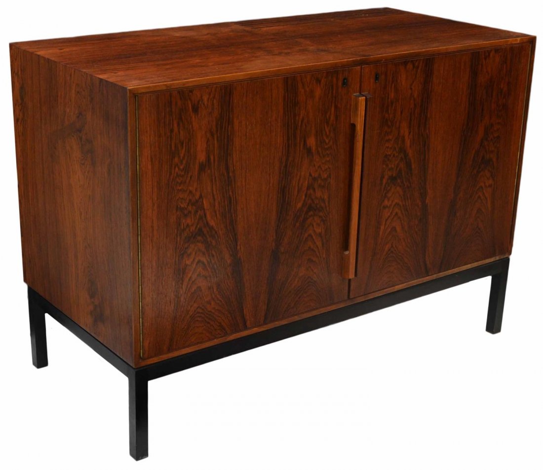 MID-CENTURY MODERN SIDEBOARD, BERNADOTTE & BJORN: Danish mid-century modern rosewood sideboard with bar, designed by Sigvard Bernadotte & Acton Bjørn for Atlas and Silkeborg Møbelfabrik, one side opening to interior storage, the other opening to a 