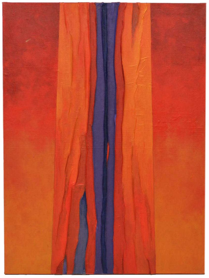 PAINTING ON CANVAS, TRAJECTORY SERIES,VERA SIMONS: Unframed mixed media painting on canvas, from the Trajectory Series portraying New Mexico rivers from above, by Vera Simons (Vera Habrecht Simons, German/ American, 1920-2012), unsigned, 48"h, 36"w, 9