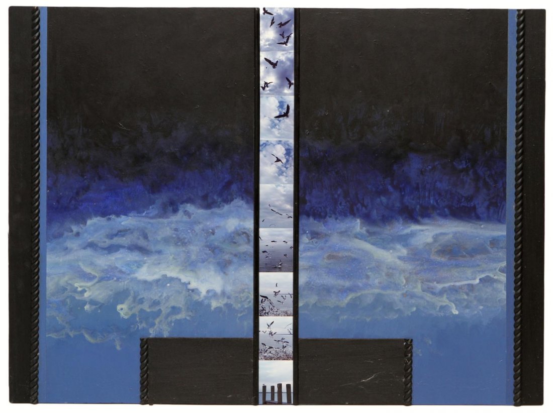 MIXED MEDIA COLLAGE, COASTAL BIRDS, VERA SIMONS: Unframed mixed media collage on artist board, Coastal Birds, painted water scene having central photos of birds in flight, by Vera Simons, (Vera Habrecht Simons, German/ American, 1920-2012), unsigned