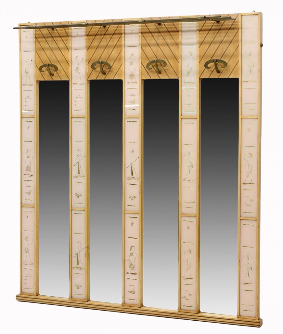 ITALIAN MODERN HALL TREE WITH EGYPTIAN FIGURES: Italian modern birch framed hall tree, 1940's, styled with four vertical mirrors flanked by vertical glass panels covering depictions of ancient Egyptian figures, a brass hat rack and coat hooks, 72.5