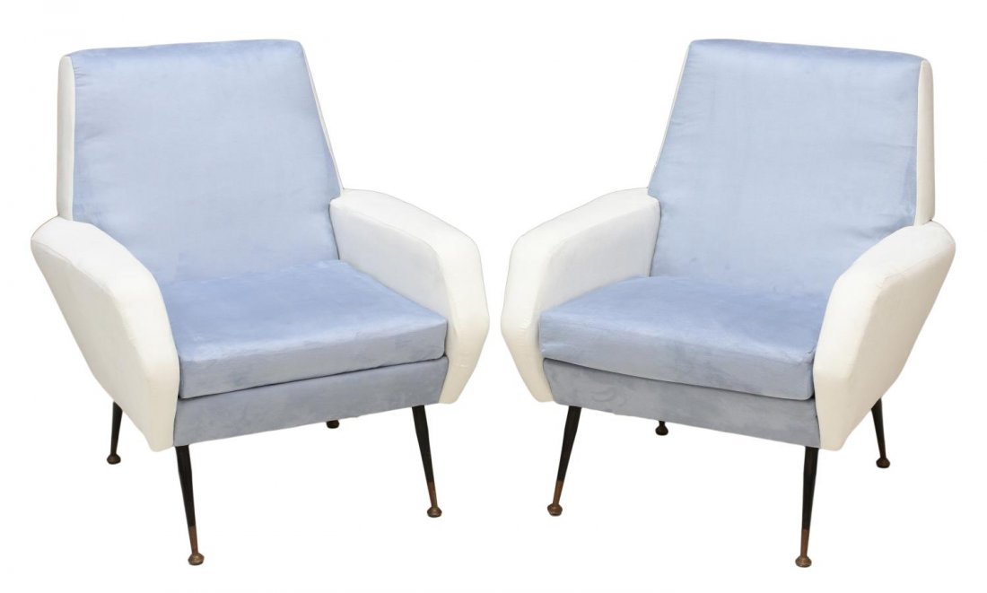 (PAIR) ITALIAN MID-CENTURY MODERN GIO PONTI CHAIRS: (pair) Italian mid-century modern arm chairs, design attributed to Gio Ponti (Italian, 1871-1979), (recently upholstered in light blue and white micro-suede fabric, raised on slanted metal legs with c