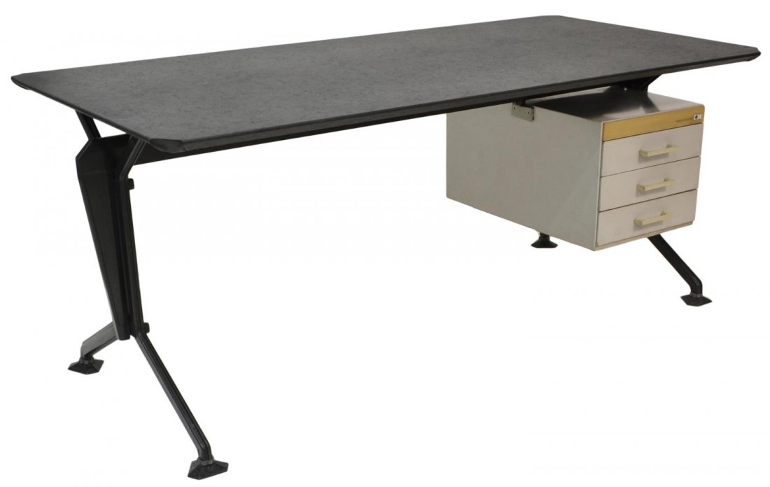 ITALIAN MID-CENTURY MODERN OLIVETTI BBPR DESK: Italian mid-century modern desk, design by Studio BBPR, Milan, for Olivetti Synthesis, c. 1960's, three drawer single floating pedestal with black fabric covered steel top on black metal frame, 34.75"