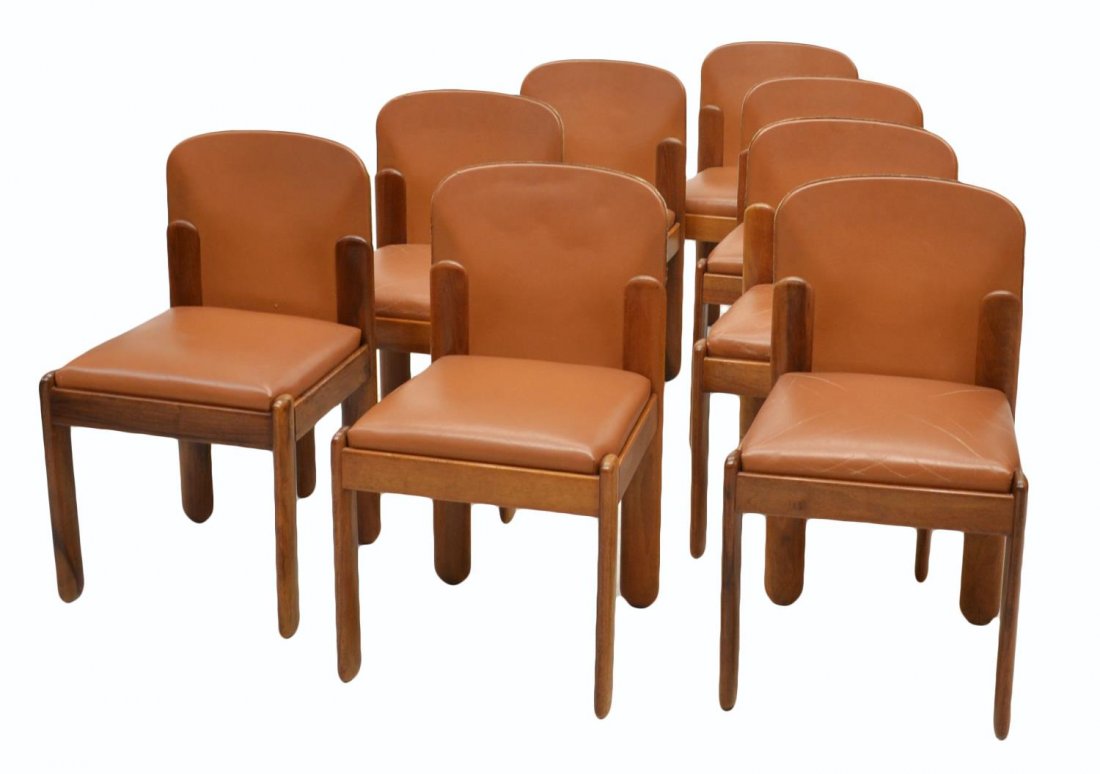 (8) MID-CENTURY CHAIRS, SILVIO COPPOLA FOR BERNINI: (set of 8) Italian mid-century modern teakwood framed chairs, 1960's, design by Silvio Coppola for Bernini Manufacturing, each with shaped leather back, leather cushion retaining the Bernini fabric at