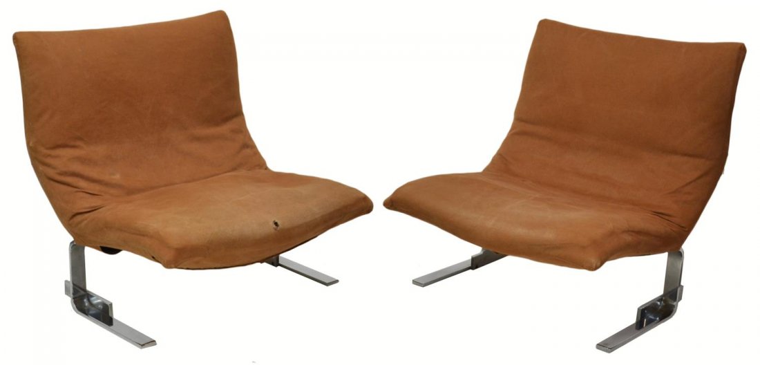 (PAIR) ITALIAN WAVE CHAIRS, GIOVANNI OFFREDI: (pair) Italian 'Wave' chairs, Giovanni Offredi for Saporiti, c. 1970's, original suede upholstery under a fitted cover, chromed steel frame, upholstery underneath not examined, one cover with hole, ap