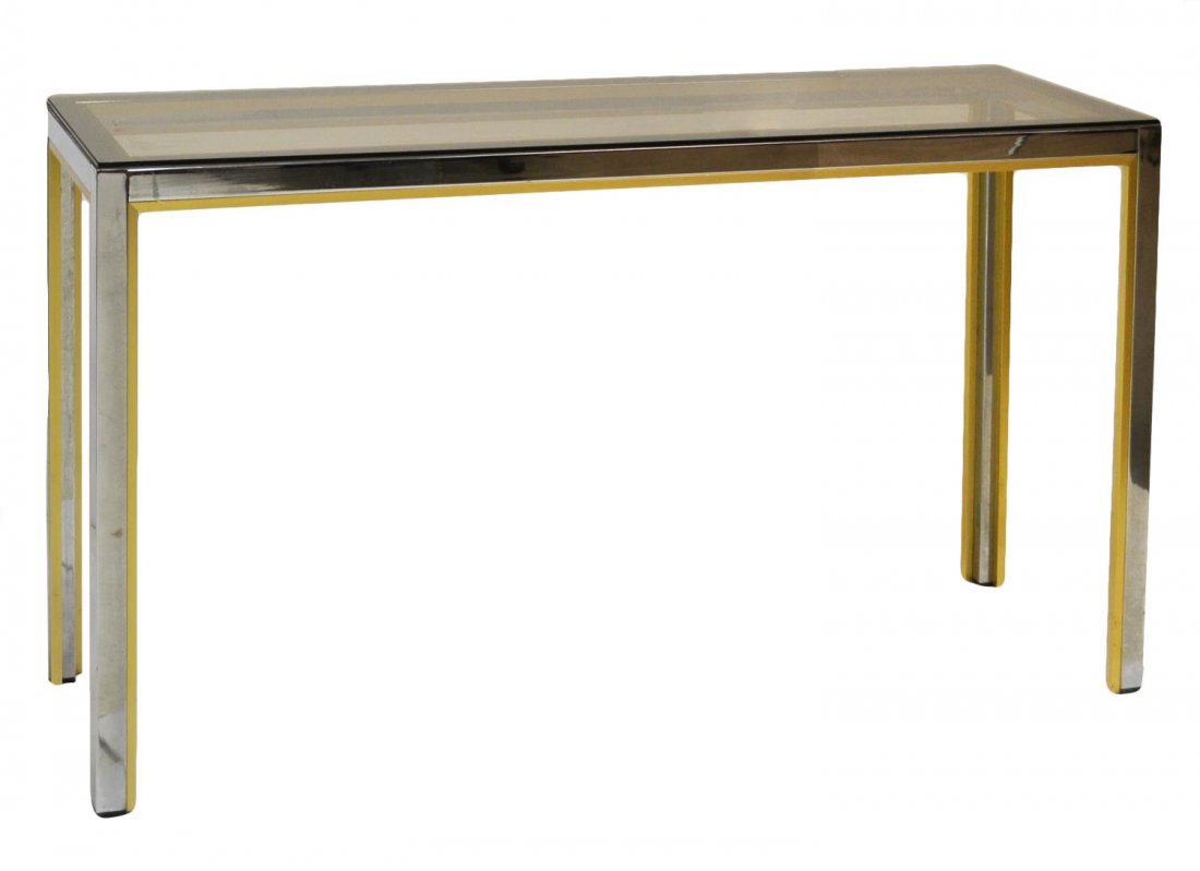 ITALIAN GILT METAL HALL TABLE BY ZEVI: Italian gilt metal and chrome hall table, by Zevi, Remanzacco Udine, Italy, after a design by Willy Rizzo (Italian, 1928-2013), c. 1970's, two-tone metal frame surmounted by a smokey glass top, retain