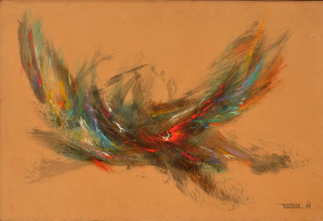 PAINTING, LEONARDO M. NIERMAN (MEXICO, B. 1932): Framed oil painting on paper affixed to masonite, Polychrome Feathers, signed, dated lower right Nierman '66, (Leonardo M. Nierman, Mexico, b.1932, sight: 12"h, 17.5"w, overall: 12.25"h, 17.75"w, 1.5l