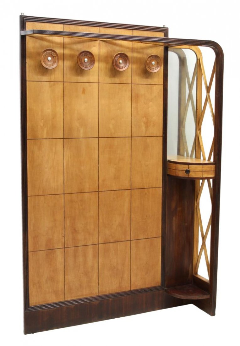 ITALIAN MODERN HALL TREE, MANNER OF PAOLO BUFFA: Italian modern hall tree, design in the manner of Paolo Buffa (Italian, 1903-1970), contrasting colors of wood with crisscross pattern at hat rack and one vertical side accented with mirror and drawer