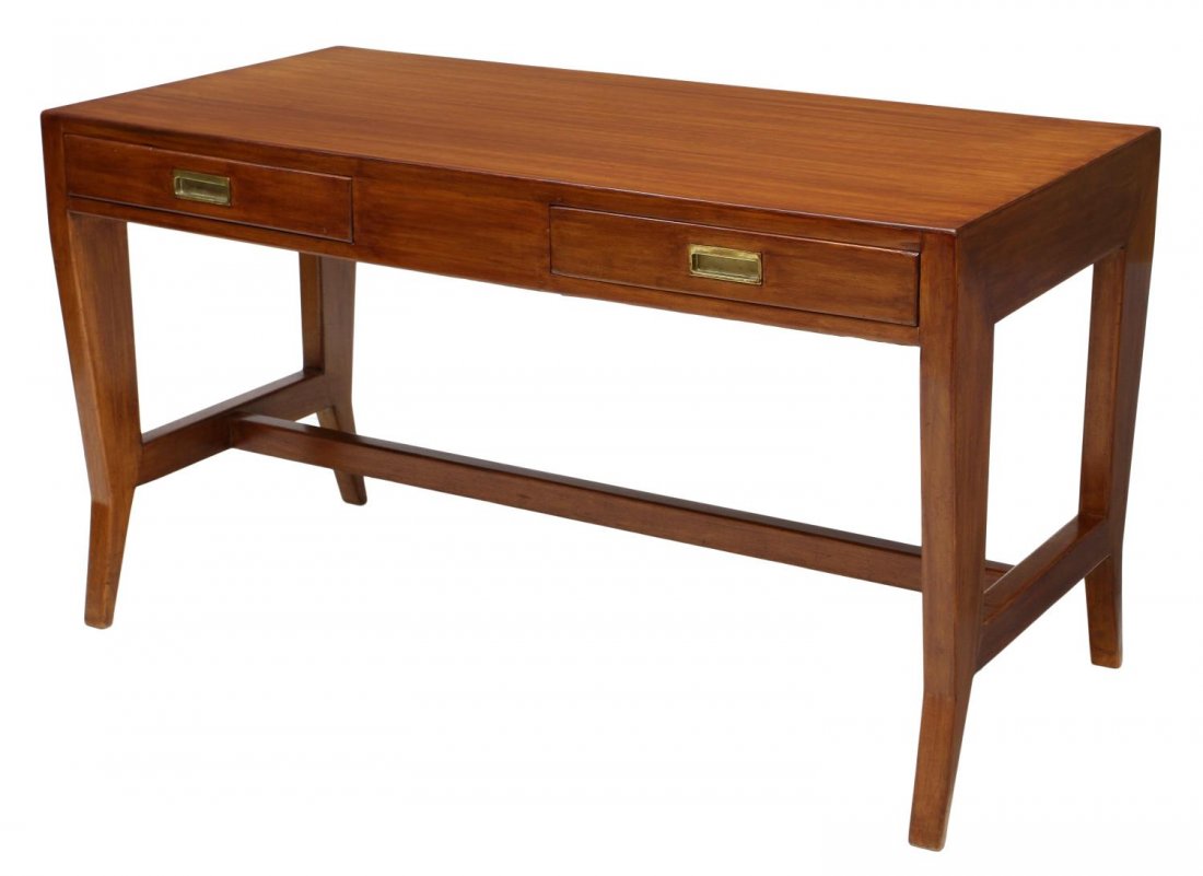 GIO PONTI WRITING DESK / LIBRARY TABLE: Italian mid-century modern writing desk or library table, design by Gio Ponti (Italy, 1891-1979), rectangular with a teak finish, two frieze drawers, inset pulls, shaped and angled legs joined by a H