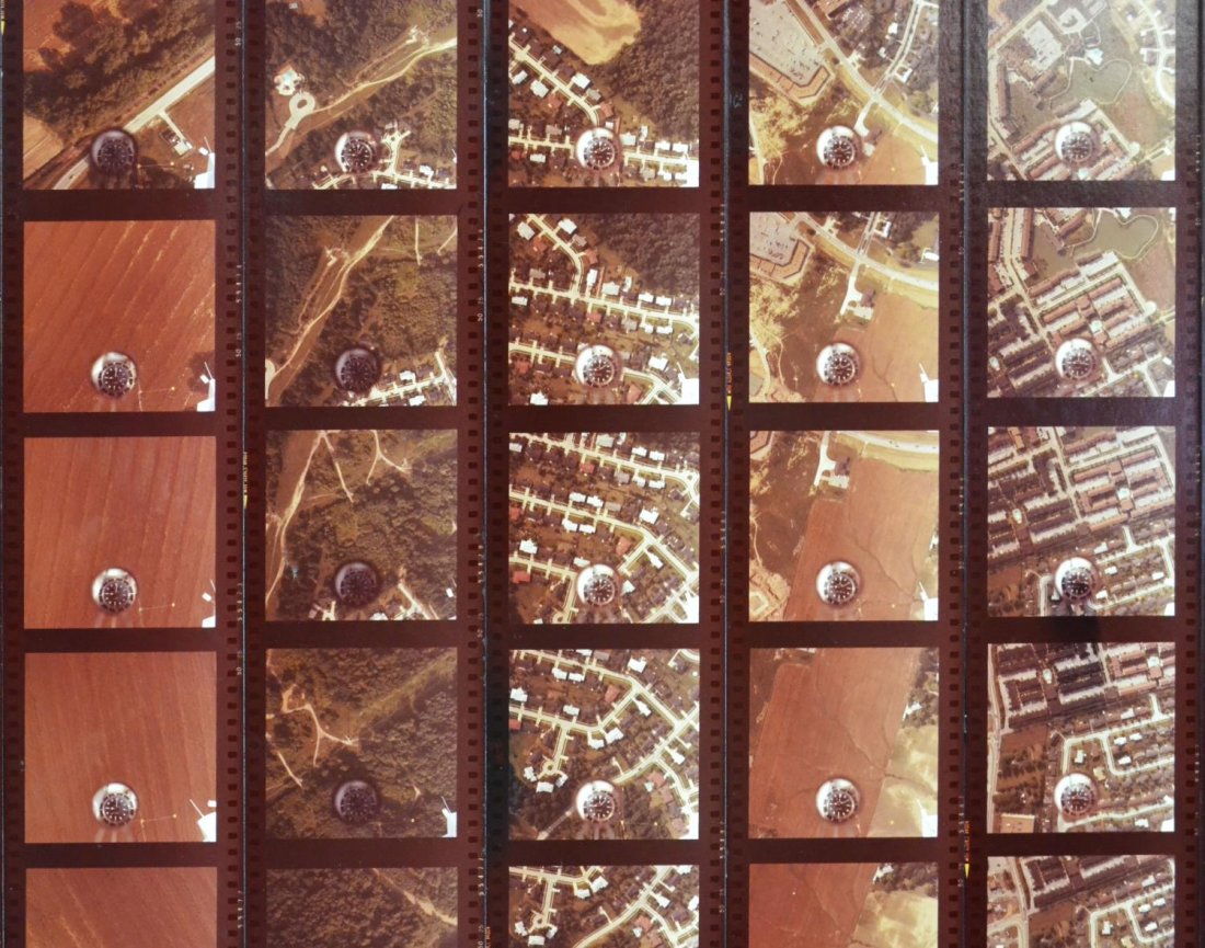 HUGE TIME LAPSE PHOTO COLLAGE, DRIFT, VERA SIMONS: Large time lapse photographic collage on board, "Drift St. Louis and Beyond", signed, titled and dated Vera Simons 79 (Vera Habrecht Simons, German/ American, 1920-2012), in five panels, retaining old