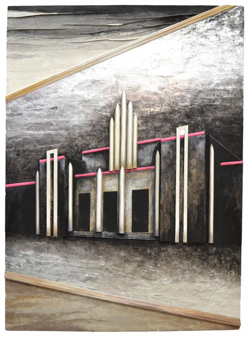 MIXED MEDIA COLLAGE, BASS MUSEUM, VERA SIMONS: Unframed mixed media collage on artist board, "Bass Museum", signed Vera Simons, (Vera Habrecht Simons, German/ American, 1920-2012), titled and dated 1998 verso, sight: 66"h, 48"w, 13lbs **Provenance
