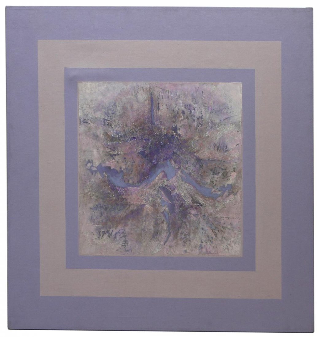 CONTEMPORARY PAINTING, MOUNTAIN WATER, VERA SIMONS: Unframed mixed media painting on canvas,"Mountain Water", by Vera Simons (Vera Habrecht Simons, German/ American, 1920-2012), signed, titled and dated 1980-83 verso, 47.5"h, 47.5"w, 9.75lbs **Provenan