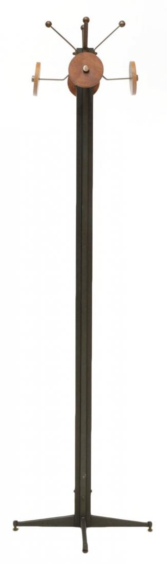 ITALIAN MID-CENTURY MODERN STANDING COAT RACK: Italian mid-century modern hall tree, c. 1960's, paneled central standard, with four hooks terminating in circular wood discs, approx. 73.75"h Start Price: $100.00