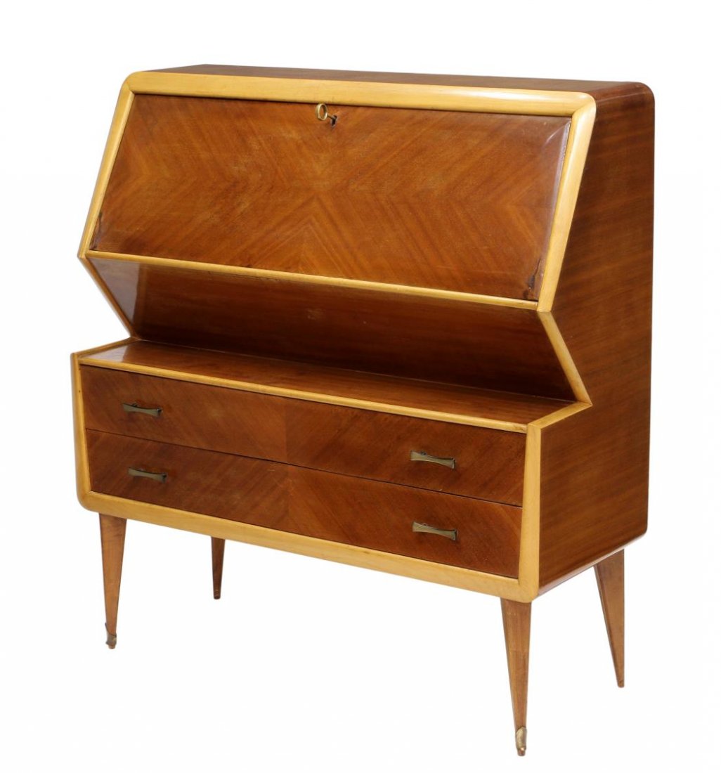 ITALIAN MODERN DESIGN DROP FRONT SECRETARY DESK: Italian modern design drop front secretary, fall front concealing open interior, above two drawers, tapered legs end in brass caps, some wear, lines to veneer, 46"h, 41.5"w, 16.5"d Start Price: $200.0