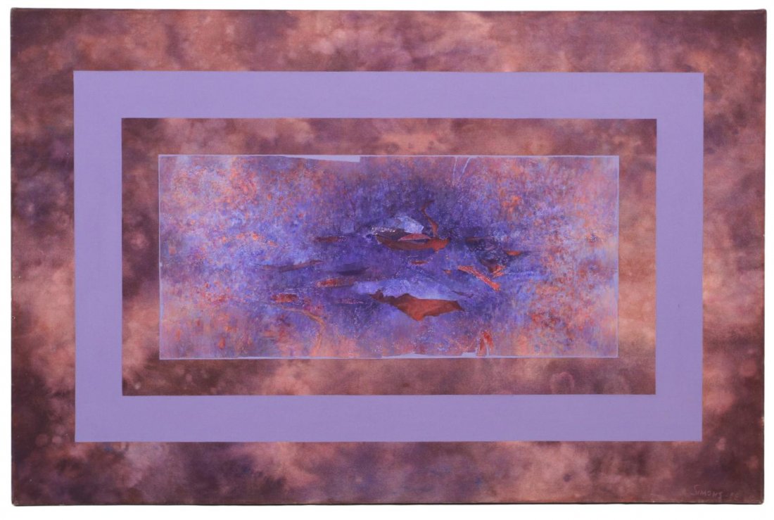 MODERN PAINTING, WESTERN TWILIGHT, VERA SIMONS: Unframed mixed media painting on canvas, "Western Twilight", signed and dated lower right Simons 85 (Vera Habrecht Simons, German/ American, 1920-2012), signed, titled and dated 1985 verso, 48"h, 72.5