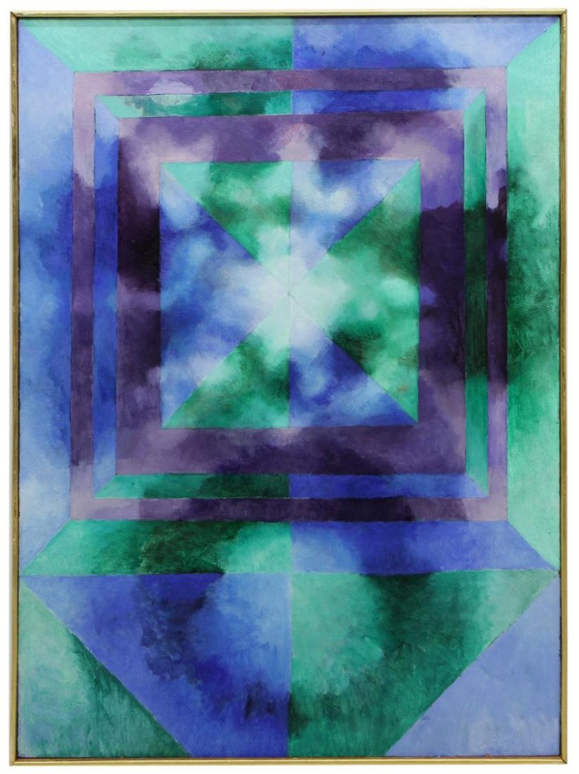ABSTRACT PAINTING ON CANVAS, WINDOW, VERA SIMONS: Framed painting on canvas, "Window", by Vera Simons (Vera Habrecht Simons, German/ American, 1920-2012), signed, titled and dated '67 verso, sight: 40"h, 30"w, overall: 40.75"h, 30.75"w, 4.75lbs **Pro