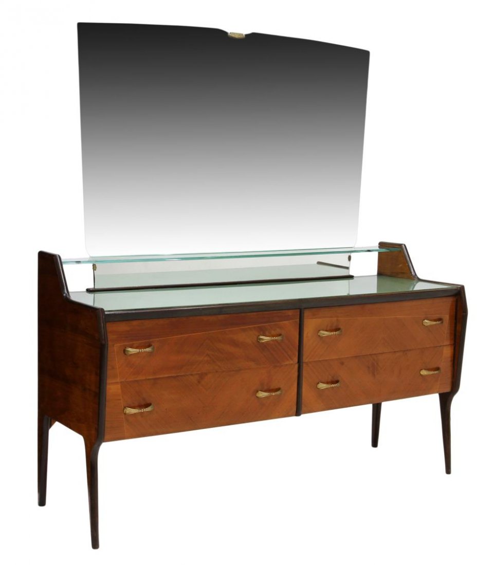ITALIAN MODERN MIRRORED COMMODE: Italian modern walnut commode, 1930's, a set back rectangular mirror and beveled glass shelf over the green glass top, four front drawers, splayed legs, 68.5"h, 62.5"w, 22"d Start Price: $250.00