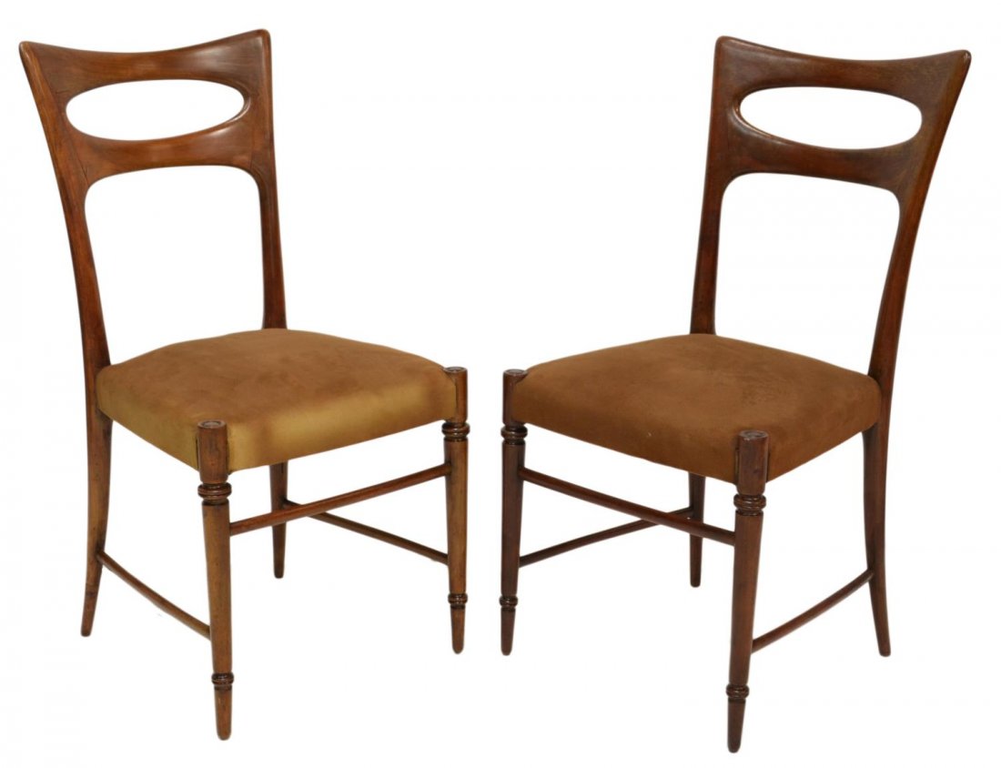 (PAIR) ITALIAN SIDE CHAIRS, PAOLO BUFFA, 1948: (pair) Italian chairs, design by Paolo Buffa (Italian, 1903-1970), 1948 model found in Bibliography Aloi, open two rail back, a brown fabric seat rising on tapered stretcher joined turned legs with ar