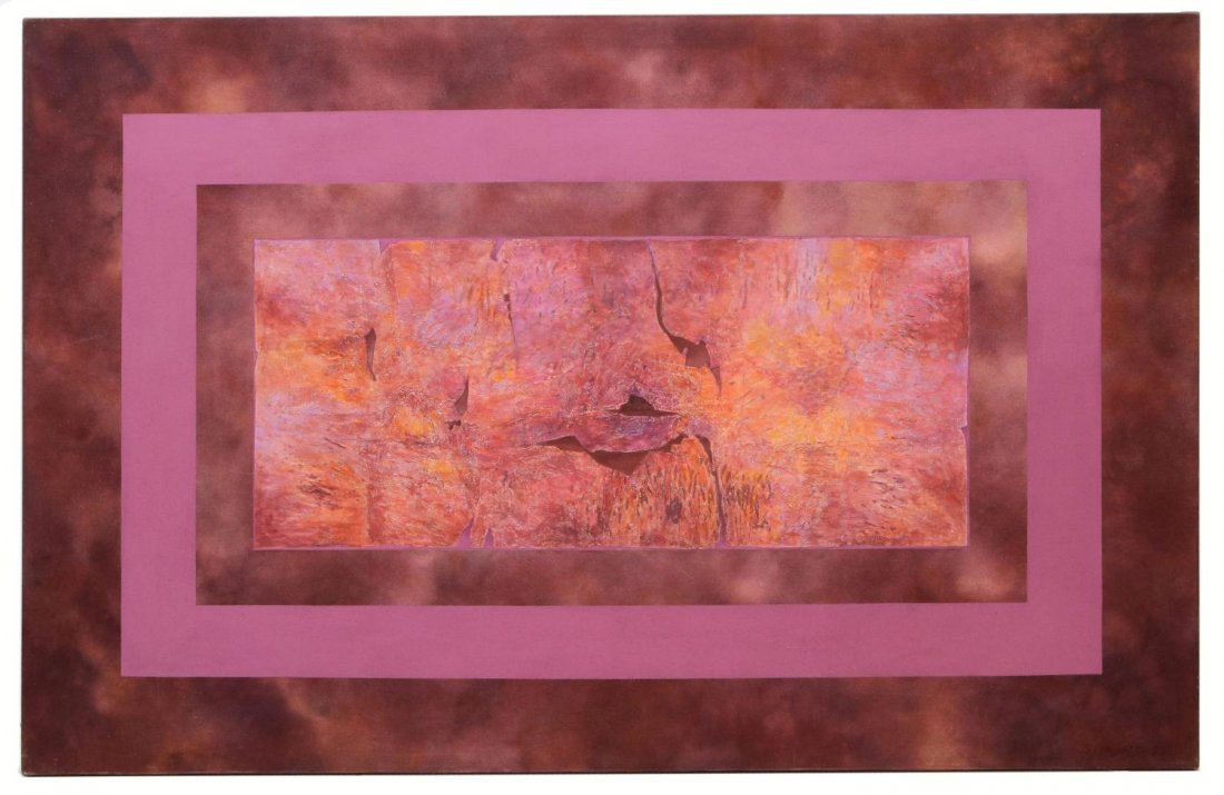 PAINTING, OVER SUN-HEATED LAND, VERA SIMONS: Unframed mixed media painting, "Over Sun-heated Land", by Vera Simons (Vera Habrecht Simons, German/ American, 1920-2012), signed, titled and dated 1984-85 verso, retaining gallery tag, 48"h, 72"w, 12