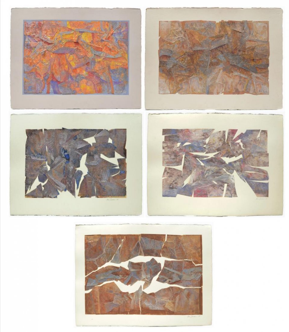 (5) MODERN MIXED MEDIA COLLAGES, VERA SIMONS: (lot of 5) Unframed mixed media collages on watercolor paper, by Vera Simons (Vera Habrecht Simons, German/ American, 1920-2012), each signed and dated Vera Simons 85, overall each: 22.75"h, 30"w, 5.7