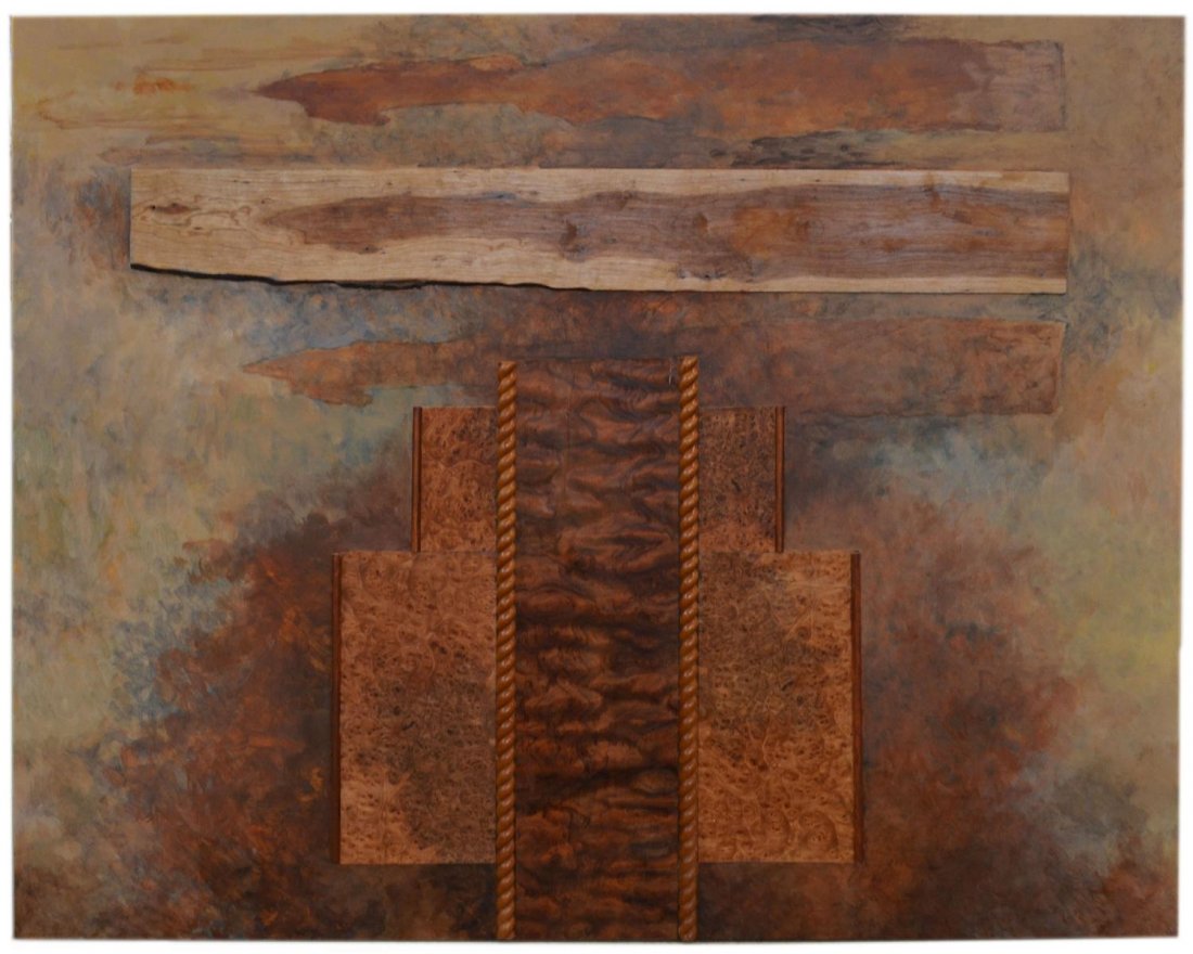 MODERN PAINTING, MIXED MEDIA COLLAGE, VERA SIMONS: Unframed painting and mixed media collage on artist board, wood accents, by Vera Simons (Vera Habrecht Simons, German/ American, 1920-2012), unsigned, 48"h, 60"w, 8.75lbs **Provenance: Vera Habrecht S