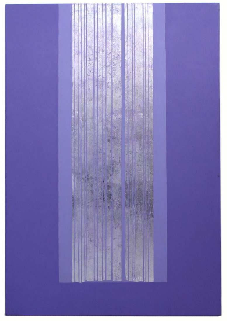 PAINTING ON CANVAS, ALOFT-BLUE, VERA SIMONS: Unframed mixed media painting, "Aloft-Blue", by Vera Simons (Vera Habrecht Simons, German/ American, 1920-2012), signed, titled and dated 1982 verso, retaining tag, 72"h, 48"w, 12.25lbs **Provenance: 