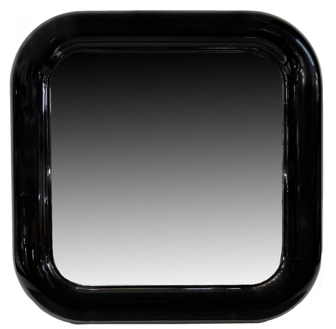 SERGIO MAZZA FOR ARTEMIDE ITALIAN WALL MIRROR: Modern Artemide black plastic wall mirror, Sergio Mazza for Artemide, c. 1970's, Delfo model, information verso, some spotting to mirror, surface scratches and wear to frame, sight: 17.25"h/w, overall