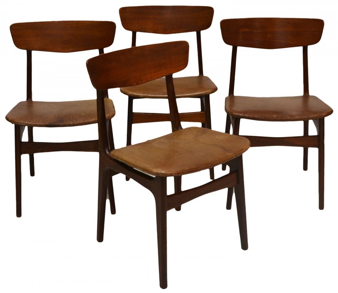 (4) DANISH MID-CENTURY MODERN TEAKWOOD CHAIRS: (set of 4) Danish mid-century modern teakwood dining chairs, 1950's, wood back, brown vinyl seat, tapered turned legs, 30.5"h, 18.5"w, 18"d Start Price: $250.00