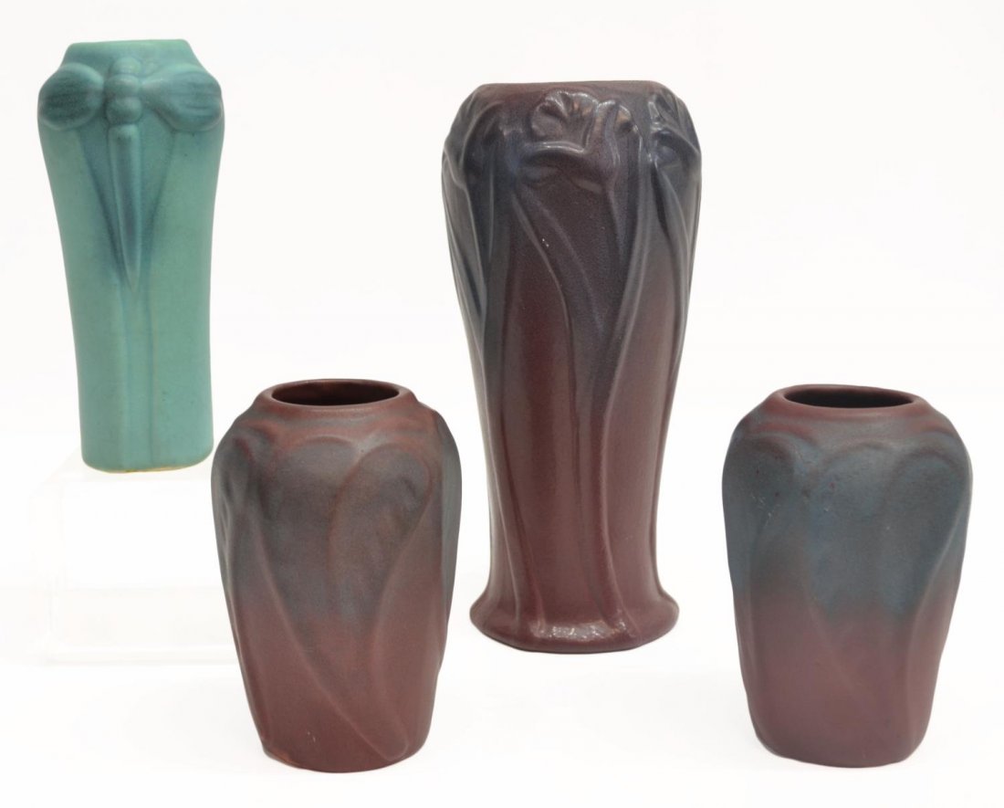 (4) COLLECTION VAN BRIGGLE ART POTTERY VASES: (lot of 4) Van Briggle art pottery vases, c. 1920s comprising: (1) Ming blue dragonfly vase in a matte finish, marked Van Briggle Colo Spgs, 7.25"h; (1) decorated with floral motif in a mulberry glaze
