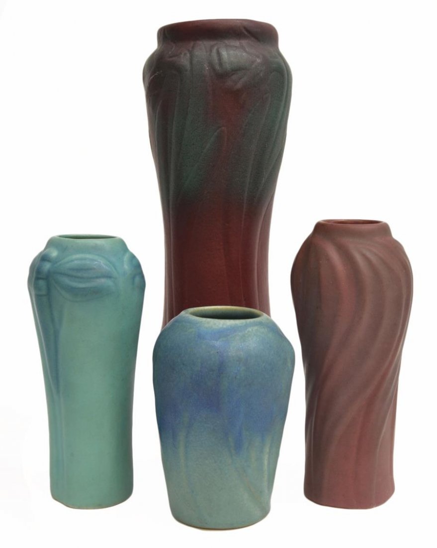 (4) COLLECTION VAN BRIGGLE ART POTTERY VASES: (lot of 4) Van Briggle Art Pottery Vases, comprising: (1) ming blue dragonfly with matte finish, 7.25"h; (1) having floral decor in mulberry with blue over spray, matte finish, marked Van Briggle U.S.