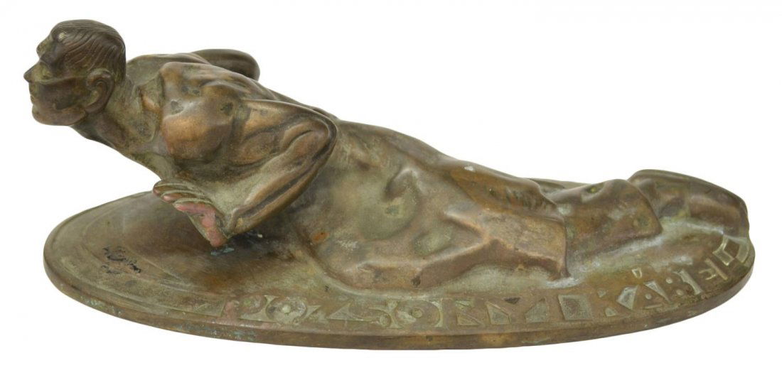 ANTIQUE BRONZE STATE, THE WORKER, MIHALY BIRO: Patinated bronze figural statue, early 20th c., The Worker, signed Biró (Mihály Biró, Hungarian, 1886-1948), original was associated with a Hungarian cable company and dated to possibly 1928/29, su