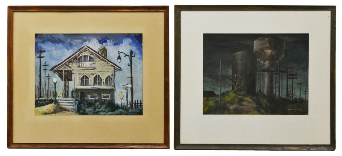 (2) PAINTINGS, VERA SIMONS: (lot of 2) Group of framed oil paintings on board, comprising: (1) "Station House", by Vera Simons (Vera Habrecht Simons, German/American, 1920-2012), signed and titled, dated August 1958 verso, sight