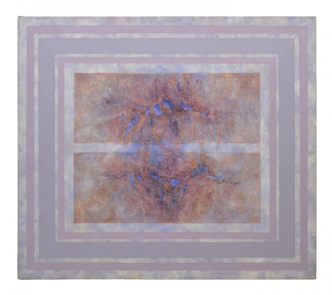 PAINTING, THROUGH THE ATMOSPHERE, VERA SIMONS: Unframed mixed media painting on canvas, "Through the Atmosphere", by Vera Simons (Vera Habrecht Simons, German/ American, 1920-2012), signed, titled, and dated 1985 verso, 42.5"h, 48"w, 8.25lbs **Pro