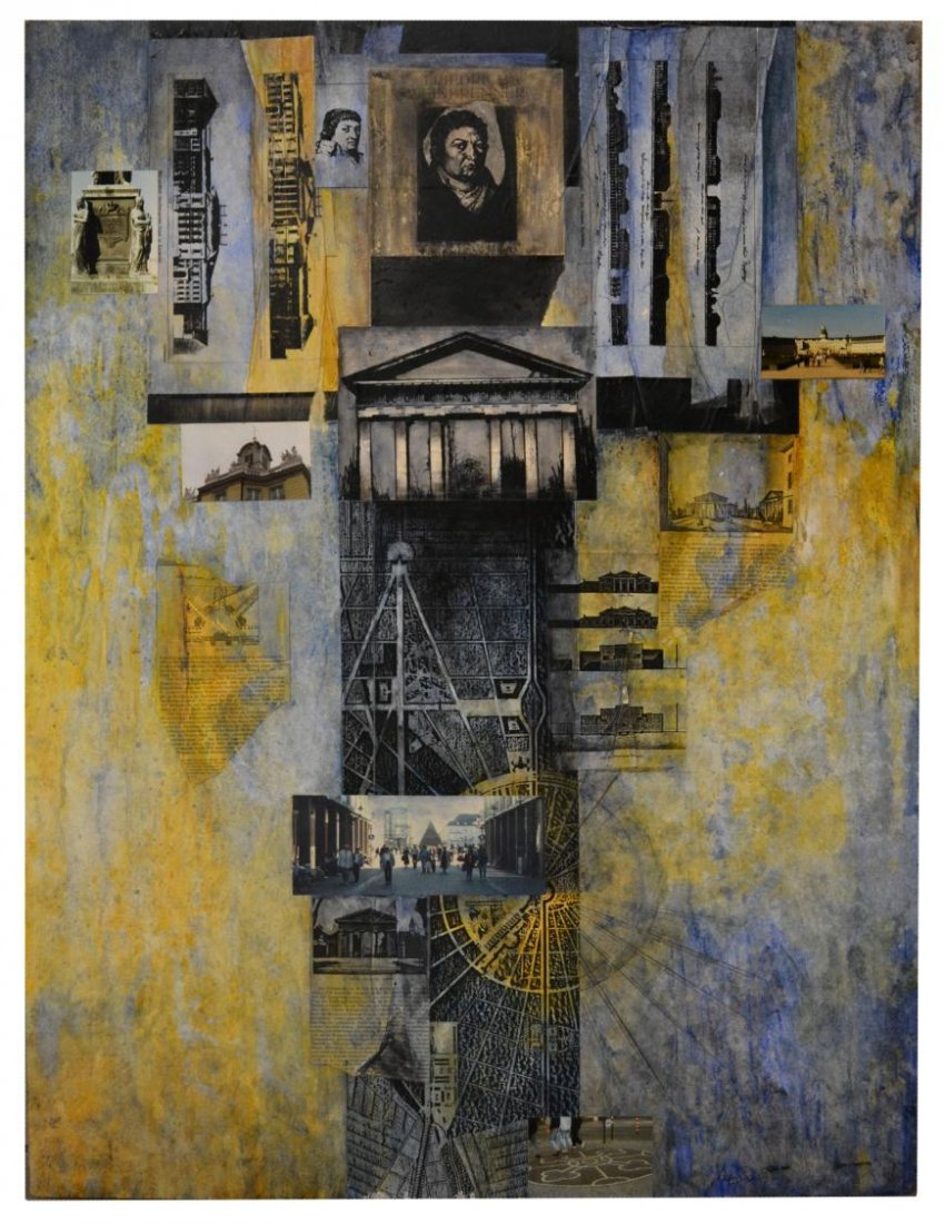 MIXED MEDIA , WEINBRENNER KARLSRUHE, VERA SIMONS: Unframed mixed media collage on artist board, "Weinbrenner Karlsruhe", by Vera Simons (Vera Habrecht Simons, (German/ American, 1920-2012), signed, titled and 1990 verso, mounting instructions include