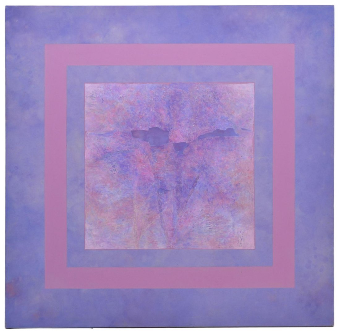 PAINTING ON CANVAS, VIVID SKY, VERA SIMONS: Unframed mixed media painting on canvas, "Vivid Sky", by Vera Simons (Vera Habrecht Simons, German/ American, 1920-2012), signed, titled and dated 1983-1984 verso, 3, 63"w, 19.5lbs **Provenance: Vera 