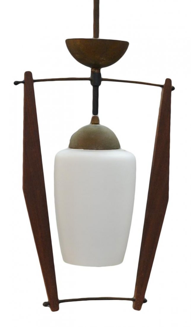 ITALIAN MID-CENTURY MODERN HANGING LIGHT FIXTURE: Italian mid-century modern hanging lamp, c. 1960's, single white glass shade flanked by two elongated triangular pieces of wood, in need of wiring, approx 13.5"h (excluding extended central standard),