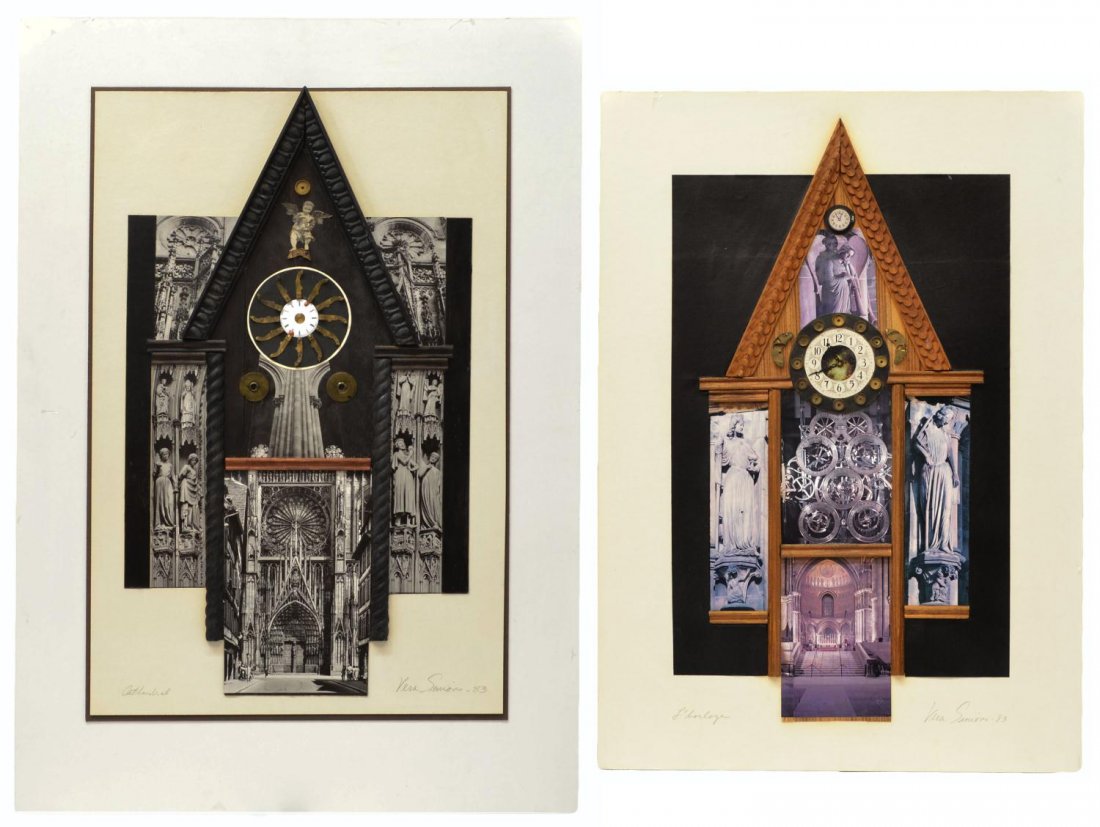 (2) MODERN MIXED MEDIA COLLAGES, VERA SIMONS: (lot of 2) Unframed mixed media collages on board, by Vera Simons (Vera Habrecht Simons, German/ American, 1920-2012), comprising: (1) "L'Horloge", pencil signed, titled and dated Vera Simons -83, sig