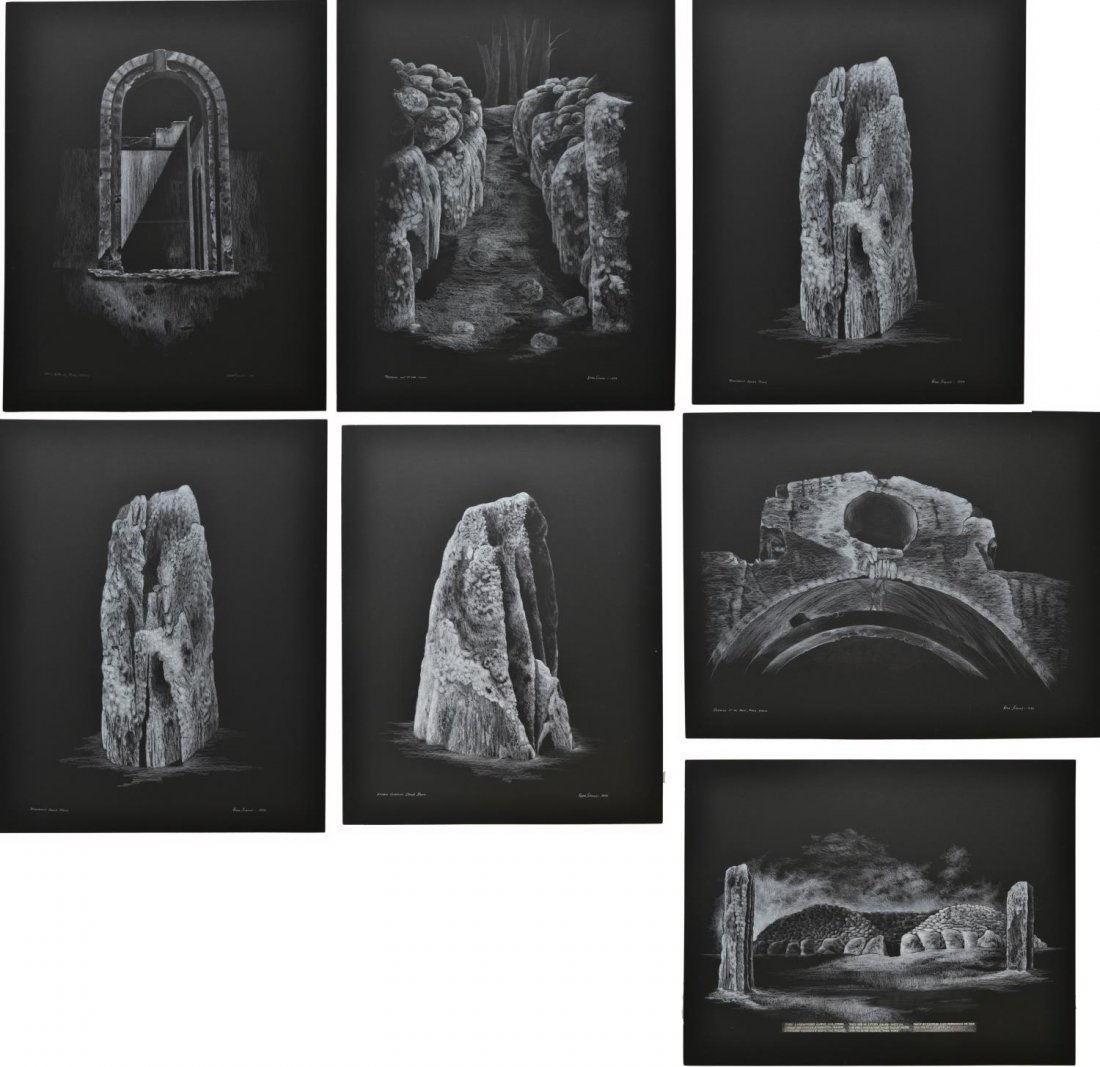 (7) DRAWINGS, CLAVA STONE, VERA SIMONS: (lot of 7) Collection of unframed drawings on black board, by Vera Simons (Vera Habrecht Simons, German/ American, 1920-2012), comprising: (1) "Monument Clava Stone"; (1) "Clava Stone with Lichens"; (