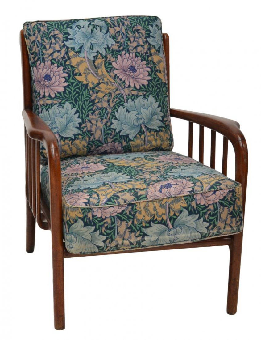 ITALIAN MID-CENTURY MODERN ARM CHAIR, PAOLO BUFFA: Italian mid-century modern arm chair, design in the manner of Paolo Buffa (Italian, 1903-1970), shaped arms over open sides with bentwood supports, removable back and seat cushions, angled tapered leg